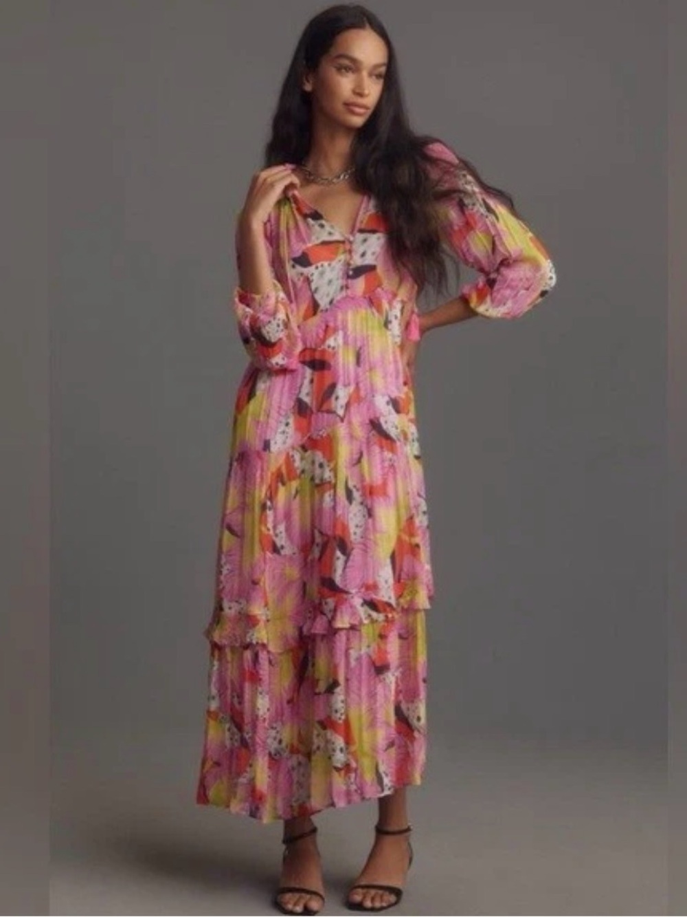 Yukiko Noritaki x Anthropologie Floral Pink Multi Colored Tiered Maxi Dress Lrg